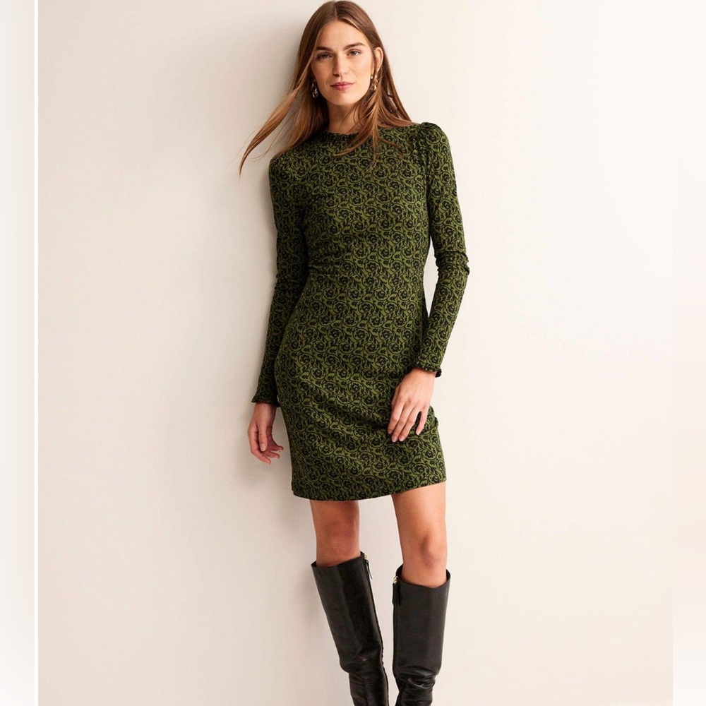 NWT Boden Frill-detail Dress 8L. Olive green primrose swirl.